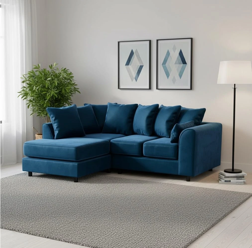 Blue Velvet Left Hand Corner Sofa – L-Shaped Sofa with Reversible Chaise & Scatter Back Cushions