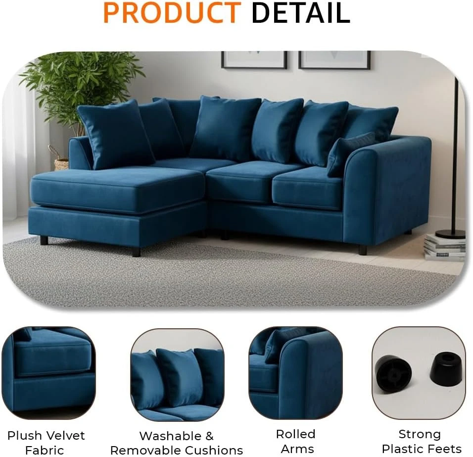 Blue Velvet Left Hand Corner Sofa – L-Shaped Sofa with Reversible Chaise & Scatter Back Cushions