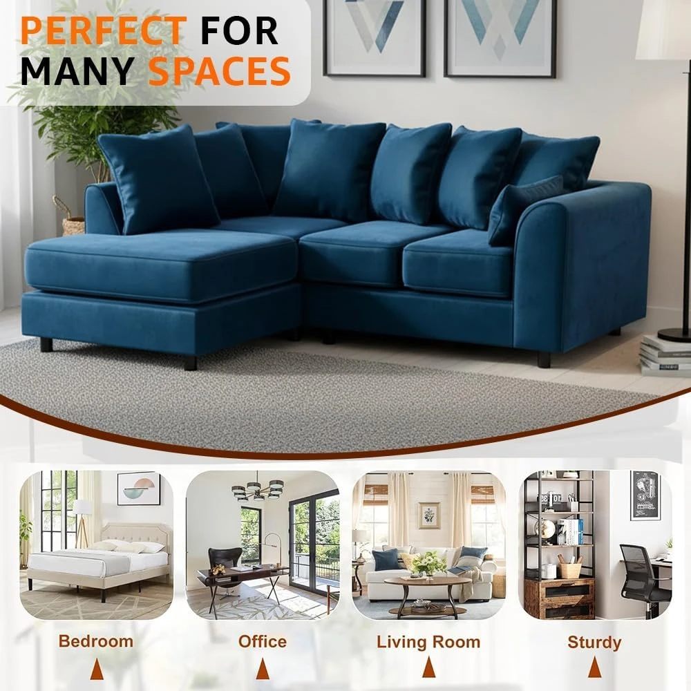 Blue Velvet Left Hand Corner Sofa – L-Shaped Sofa with Reversible Chaise & Scatter Back Cushions