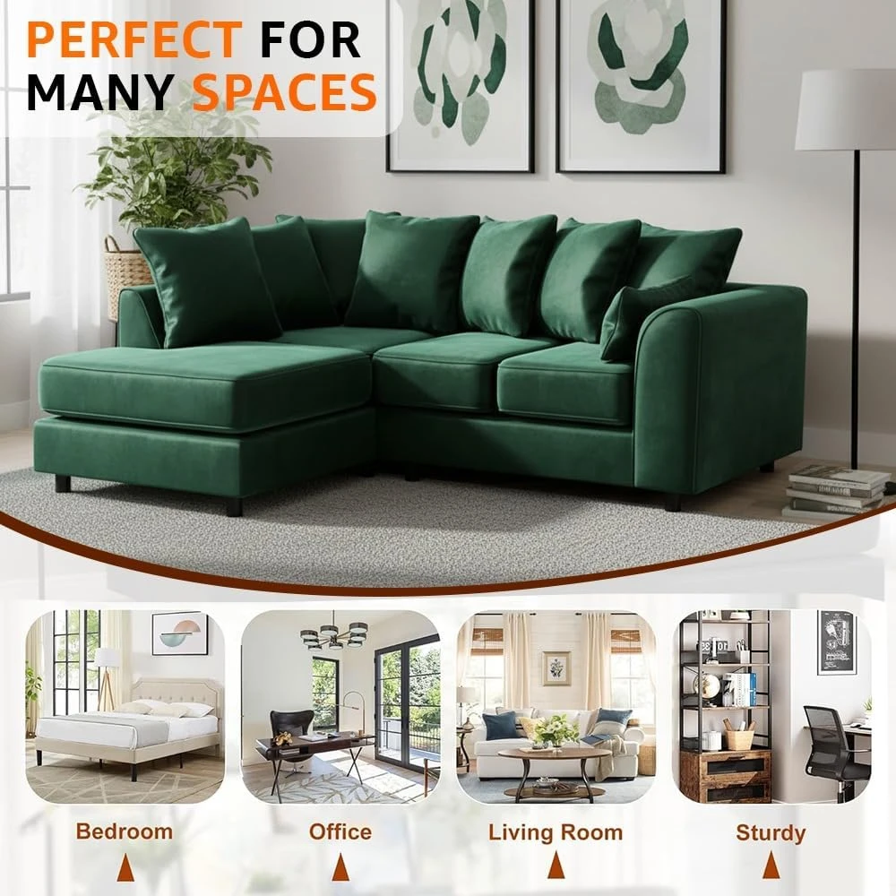 Green Velvet Left Hand Corner Sofa – L-Shaped Sofa with Reversible Chaise & Scatter Back Cushions