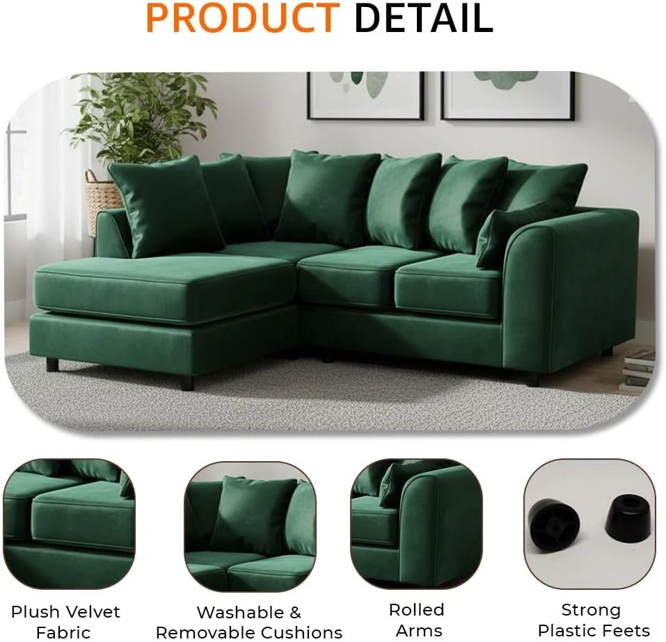 Green Velvet Left Hand Corner Sofa – L-Shaped Sofa with Reversible Chaise & Scatter Back Cushions