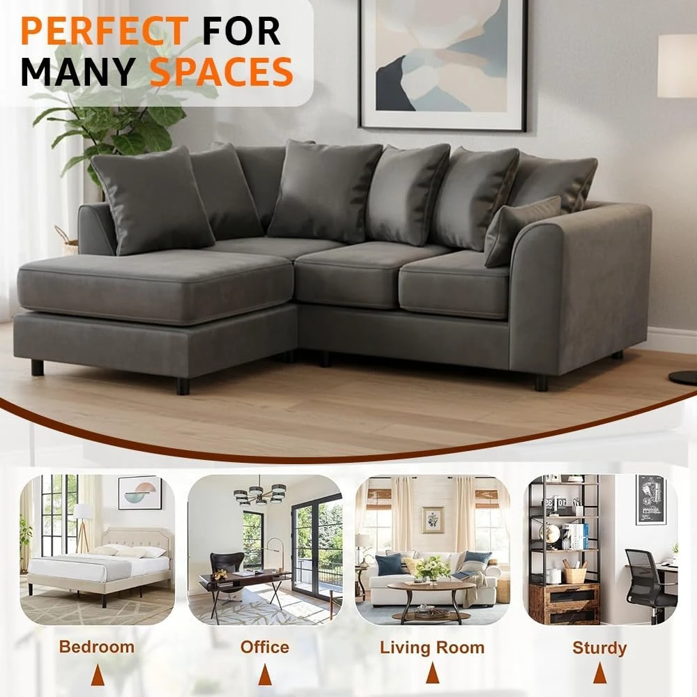 Grey Velvet Left Hand Corner Sofa – L-Shaped Sofa with Reversible Chaise & Scatter Back Cushions