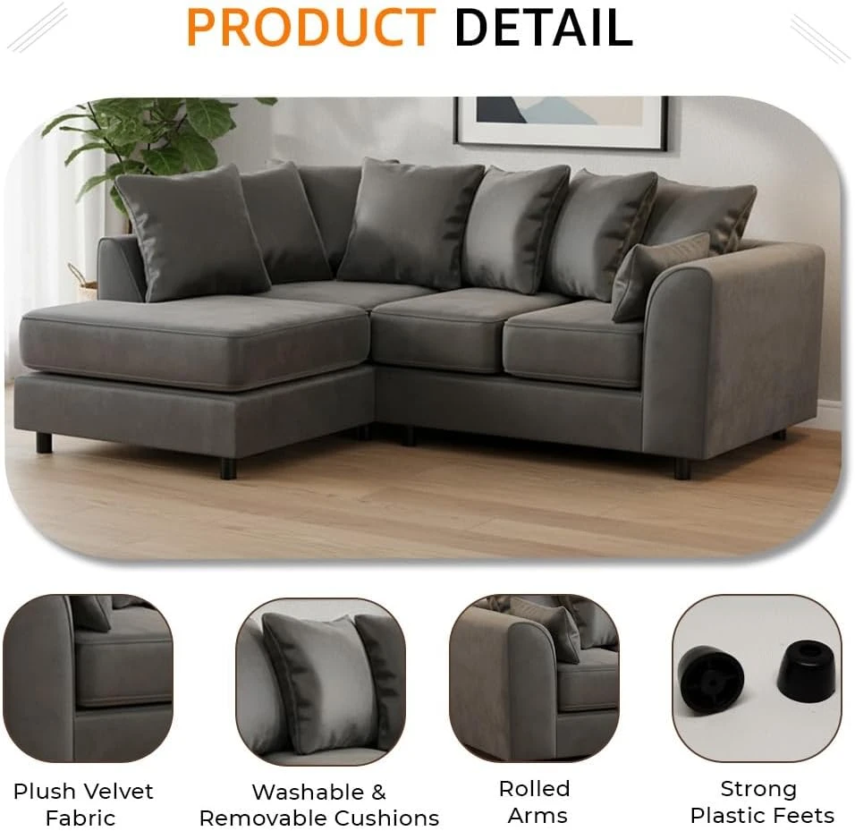 Grey Velvet Left Hand Corner Sofa – L-Shaped Sofa with Reversible Chaise & Scatter Back Cushions
