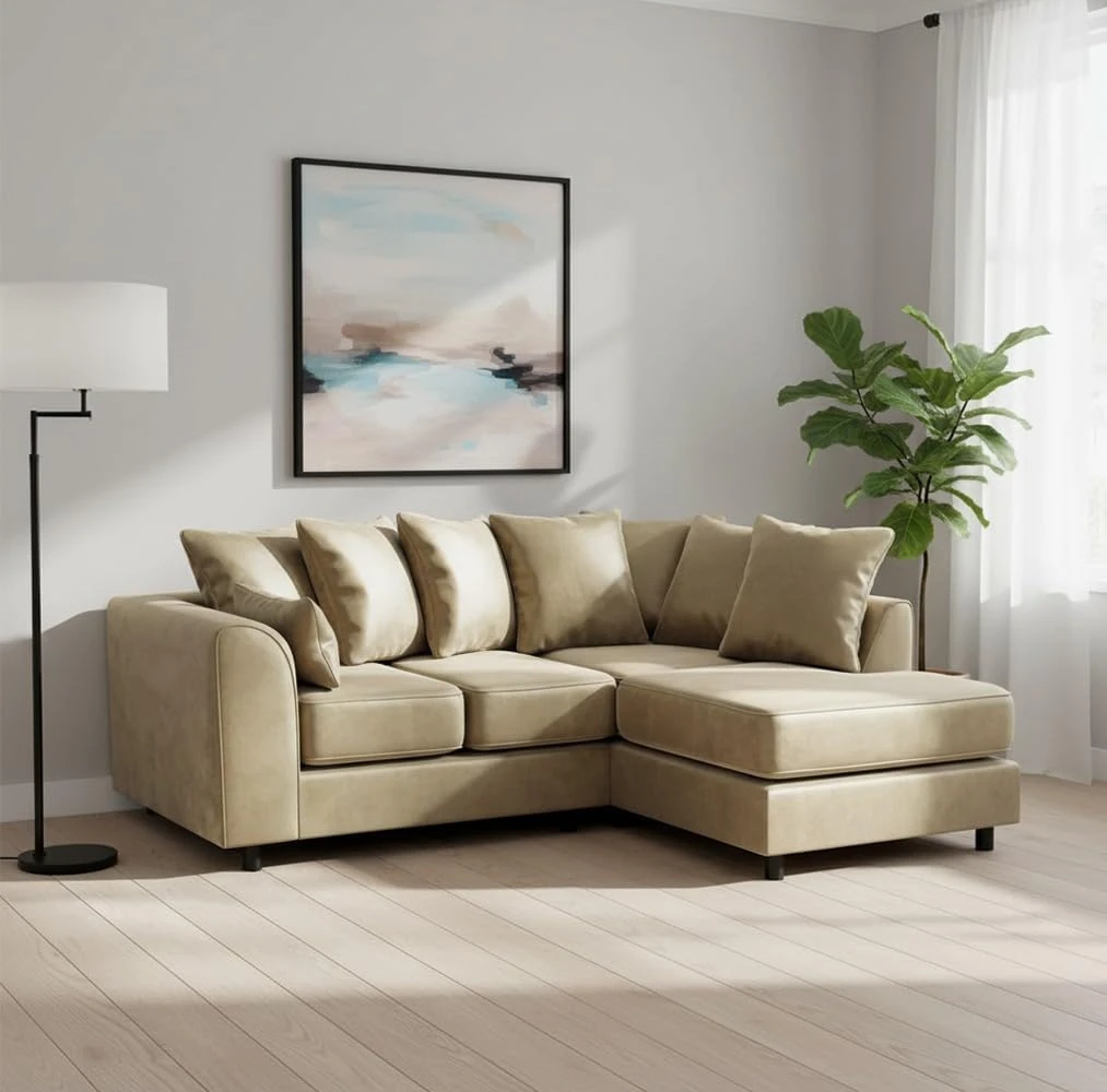 Beige Velvet Right Hand Corner Sofa – L-Shaped Sofa with Reversible Chaise & Scatter Back Cushion