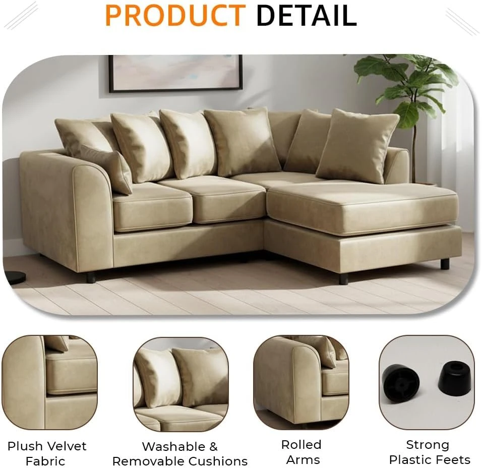 Beige Velvet Right Hand Corner Sofa – L-Shaped Sofa with Reversible Chaise & Scatter Back Cushion