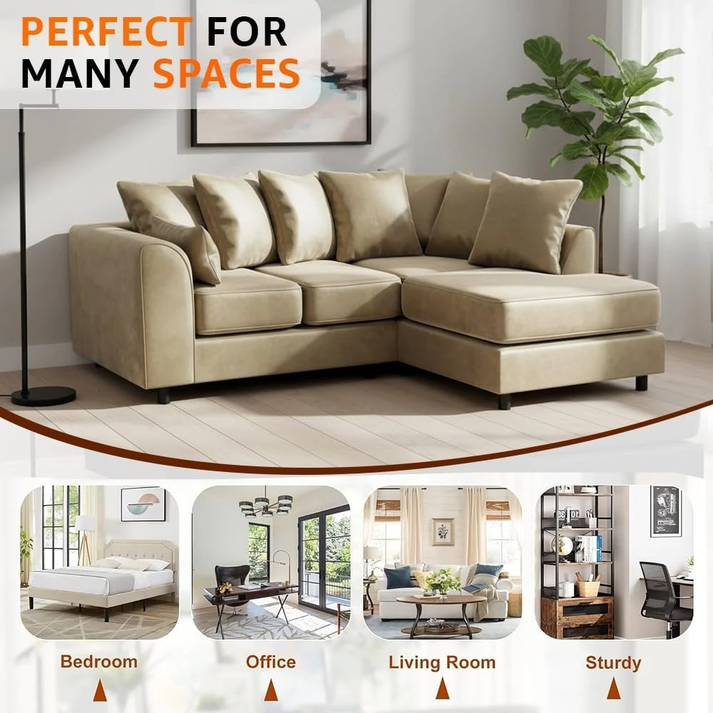 Beige Velvet Right Hand Corner Sofa – L-Shaped Sofa with Reversible Chaise & Scatter Back Cushion