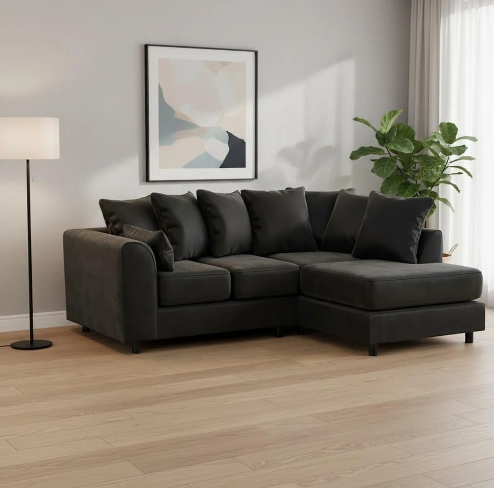 Black Velvet Right Hand Corner Sofa – L-Shaped Sofa with Reversible Chaise & Scatter Back Cushions