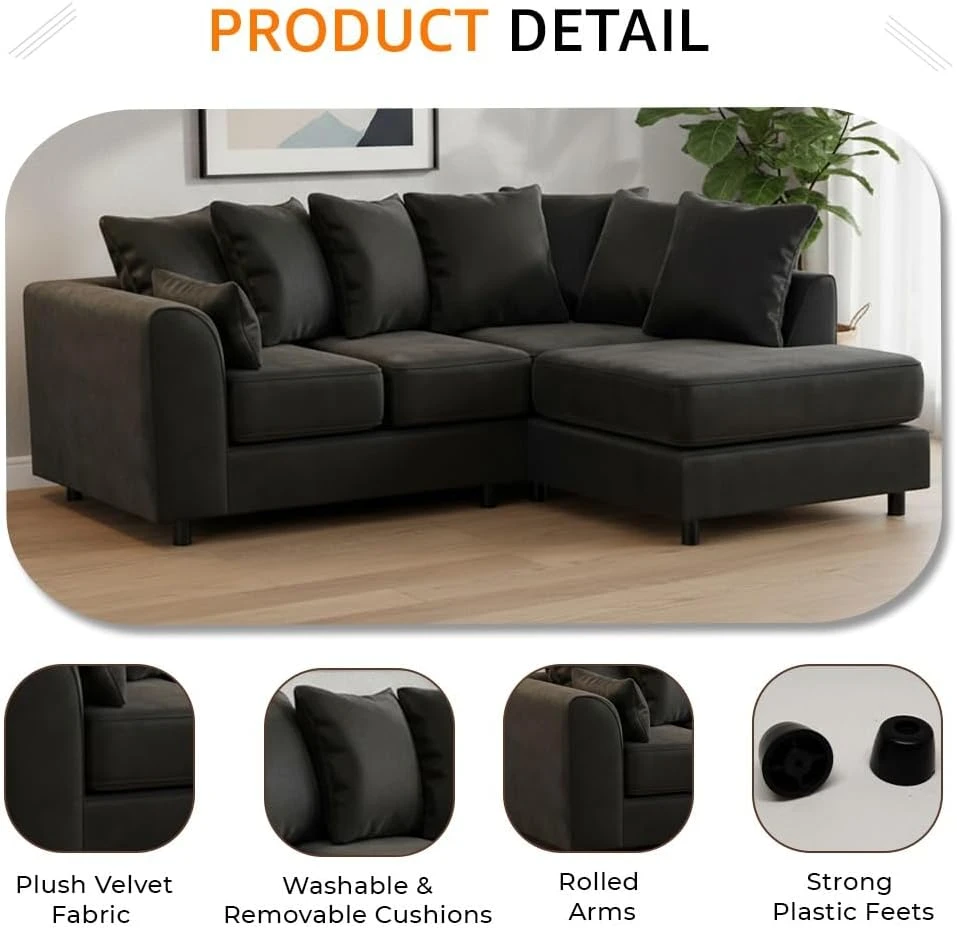 Black Velvet Right Hand Corner Sofa – L-Shaped Sofa with Reversible Chaise & Scatter Back Cushions