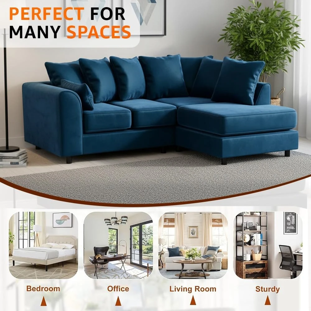 Blue Velvet Right Hand Corner Sofa – L-Shaped Sofa with Reversible Chaise & Scatter Back Cushions