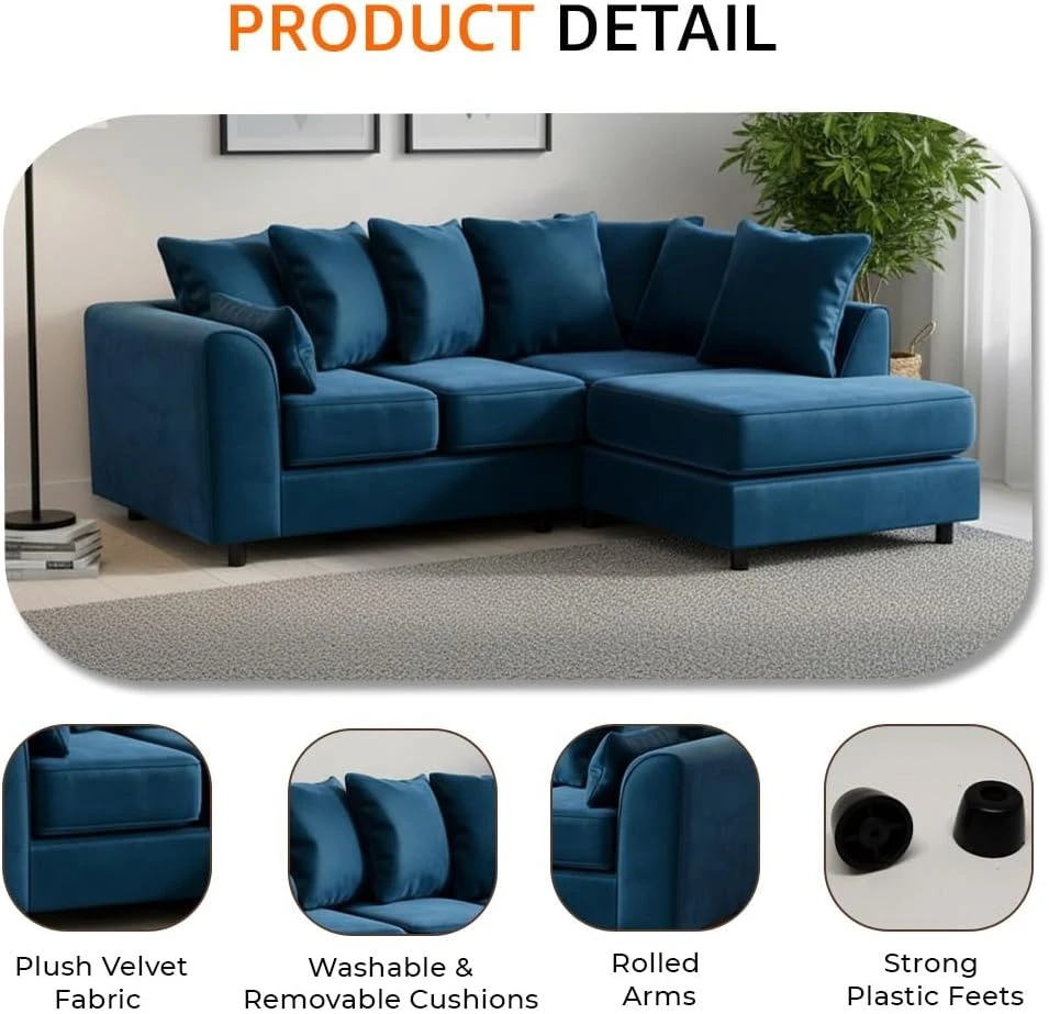 Blue Velvet Right Hand Corner Sofa – L-Shaped Sofa with Reversible Chaise & Scatter Back Cushions