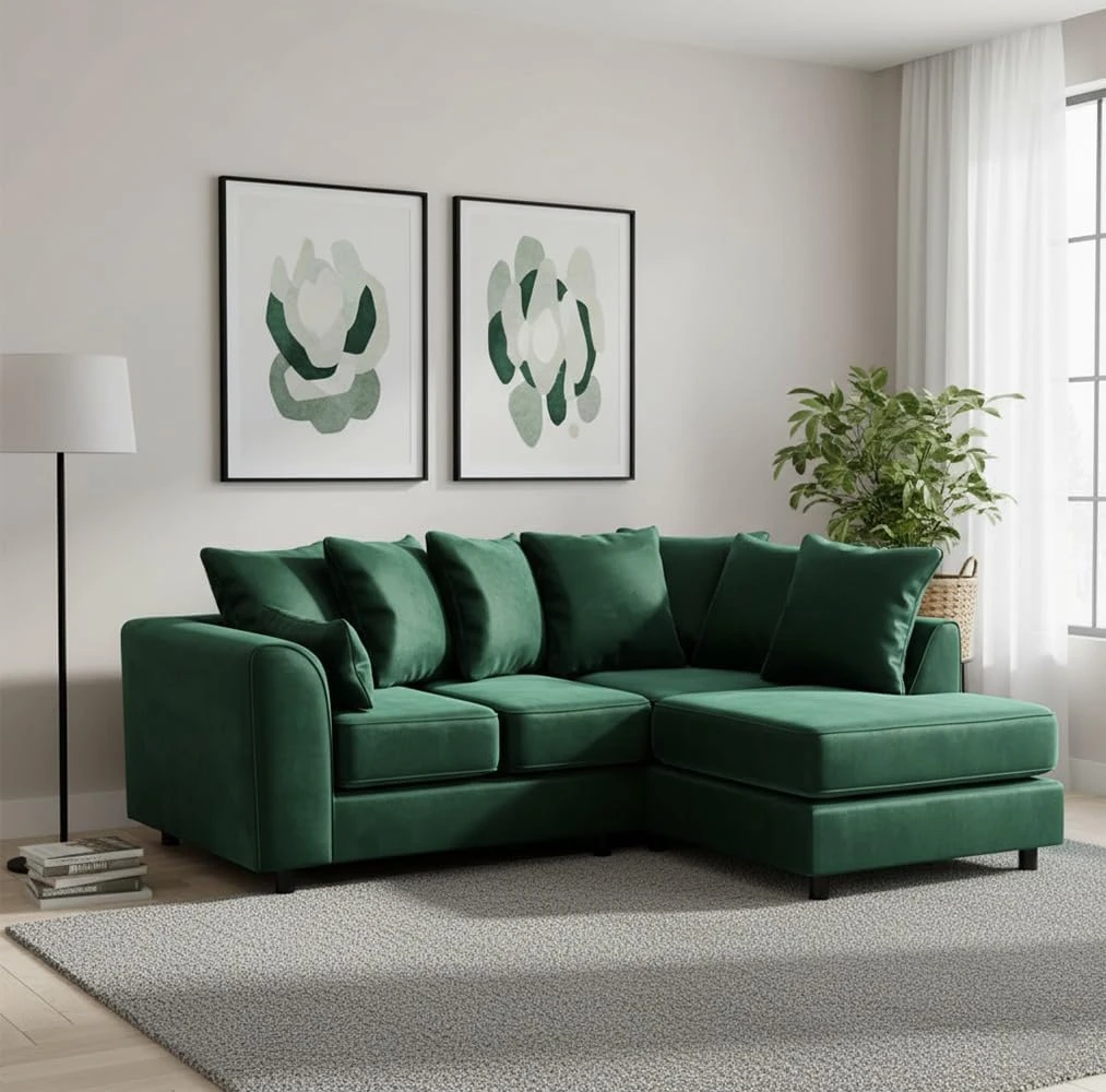 Green Velvet Right Hand Corner Sofa – L-Shaped Sofa with Reversible Chaise & Scatter Back Cushions