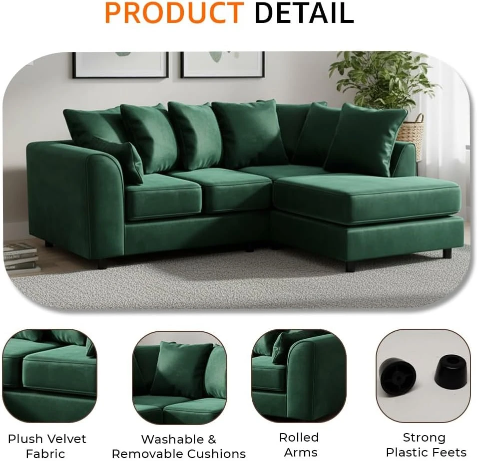 Green Velvet Right Hand Corner Sofa – L-Shaped Sofa with Reversible Chaise & Scatter Back Cushions