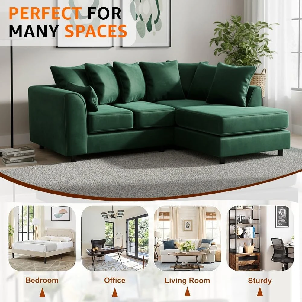 Green Velvet Right Hand Corner Sofa – L-Shaped Sofa with Reversible Chaise & Scatter Back Cushions