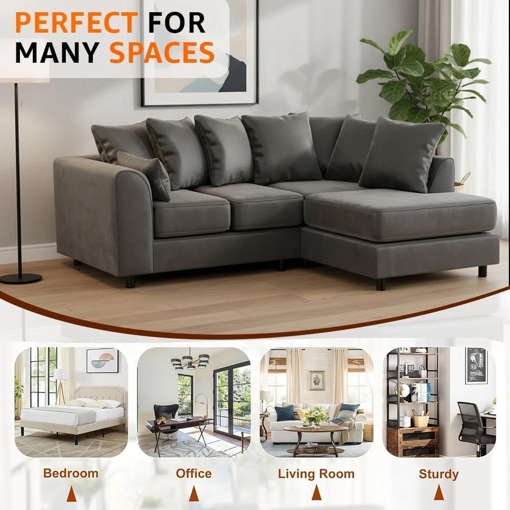 Grey Velvet Right Hand Corner Sofa – L-Shaped Sofa with Reversible Chaise & Scatter Back Cushions