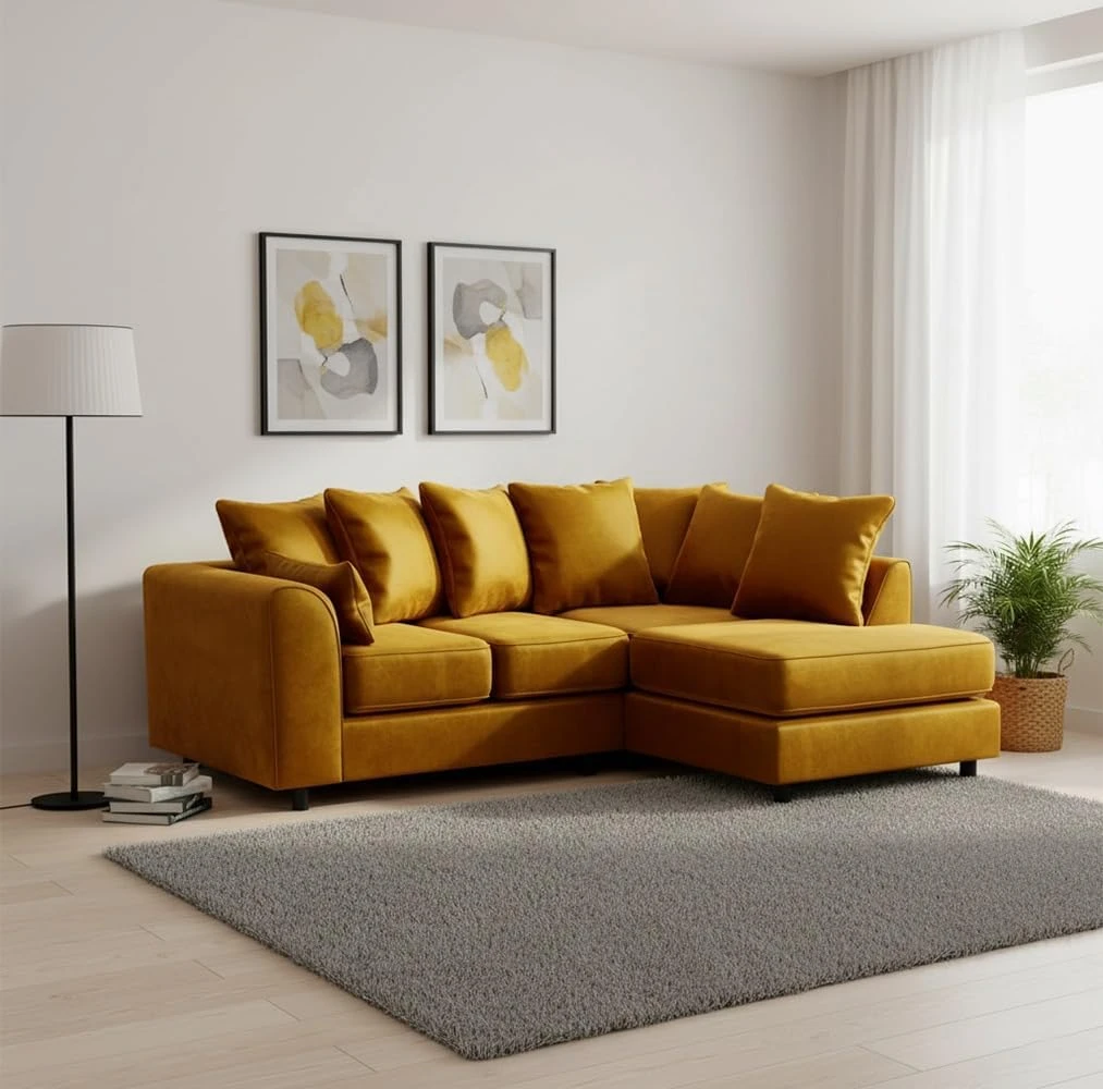 Mustard Velvet Right Hand Corner Sofa – L-Shaped Sofa with Reversible Chaise & Scatter Back Cushions