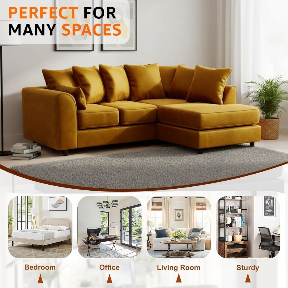 Mustard Velvet Right Hand Corner Sofa – L-Shaped Sofa with Reversible Chaise & Scatter Back Cushions