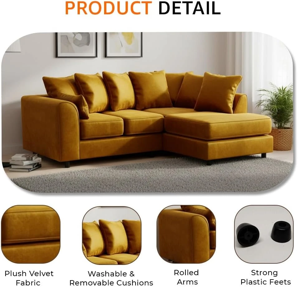 Mustard Velvet Right Hand Corner Sofa – L-Shaped Sofa with Reversible Chaise & Scatter Back Cushions