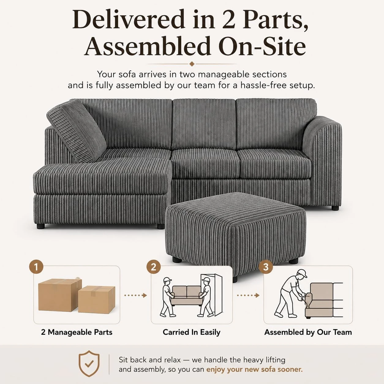 Grey Left Corner Cord Sofa with Memory Foam Seats & Removable Covers | 212 x 164cm