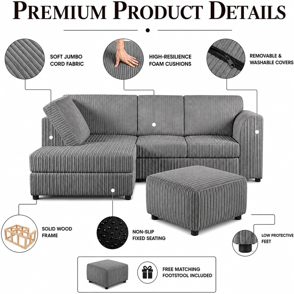 Grey Left Corner Cord Sofa with Memory Foam Seats & Removable Covers | 212 x 164cm