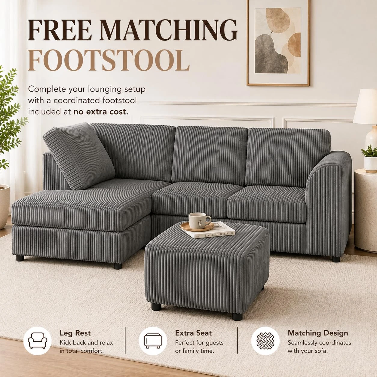 Grey Left Corner Cord Sofa with Memory Foam Seats & Removable Covers | 212 x 164cm