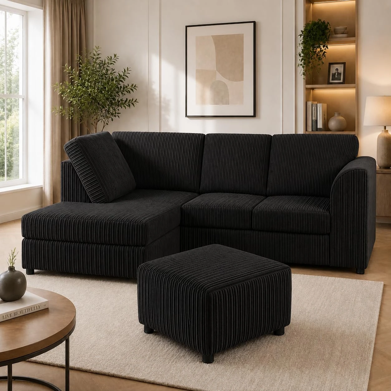 Black Left Corner Cord Sofa with Memory Foam Seats & Removable Covers | 212 x 164cm