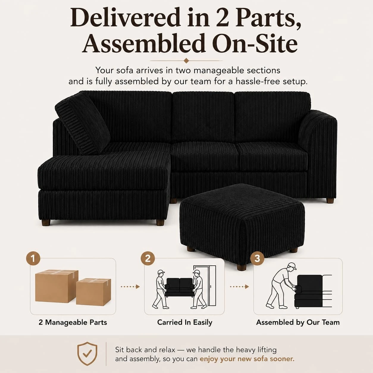 Black Left Corner Cord Sofa with Memory Foam Seats & Removable Covers | 212 x 164cm
