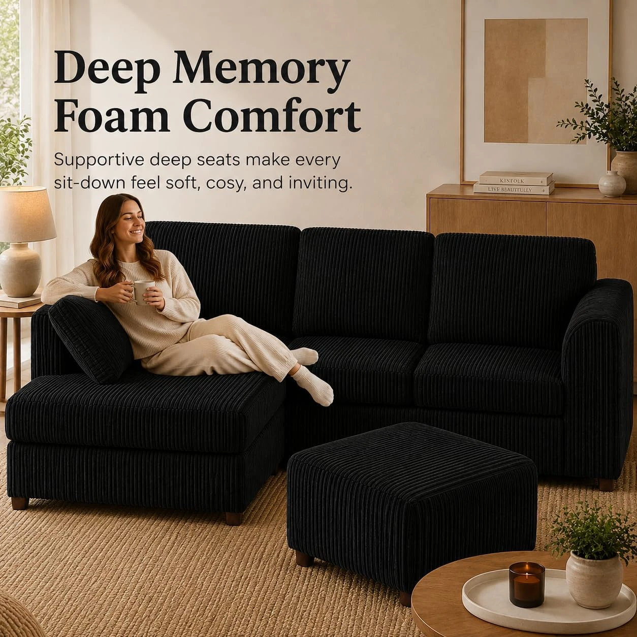 Black Left Corner Cord Sofa with Memory Foam Seats & Removable Covers | 212 x 164cm