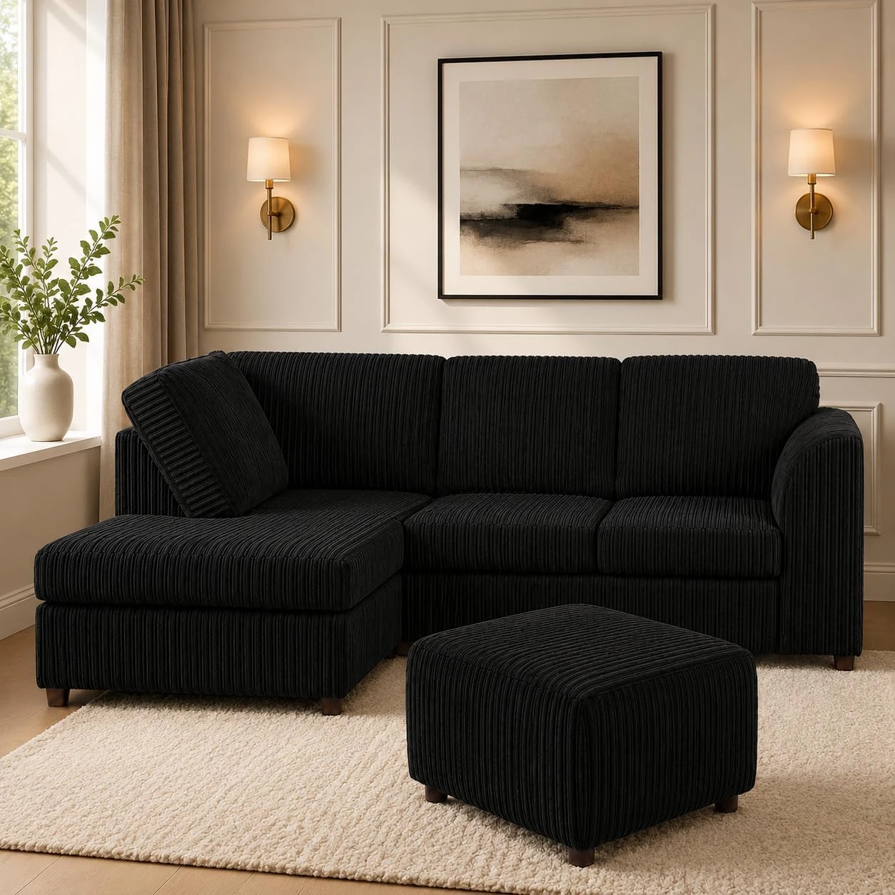 Black Left Corner Cord Sofa with Memory Foam Seats & Removable Covers | 212 x 164cm