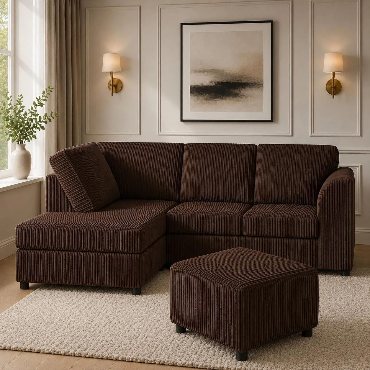 Brown Left Corner Cord Sofa with Memory Foam Seats & Removable Covers | 212 x 164cm