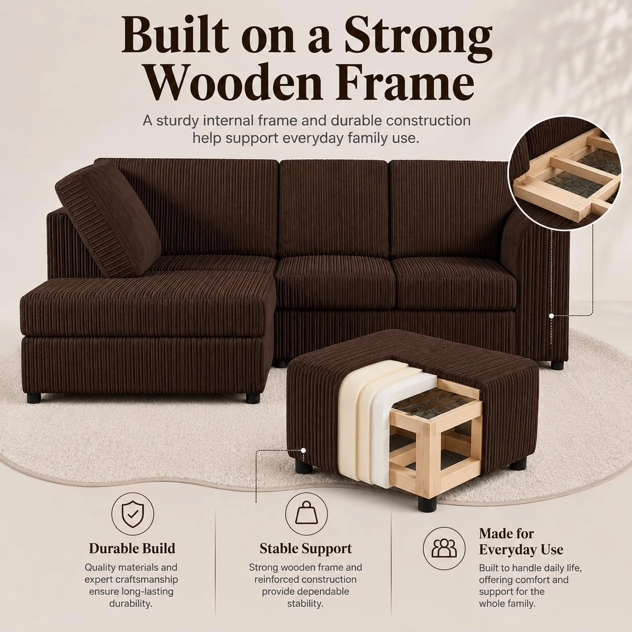 Brown Left Corner Cord Sofa with Memory Foam Seats & Removable Covers | 212 x 164cm