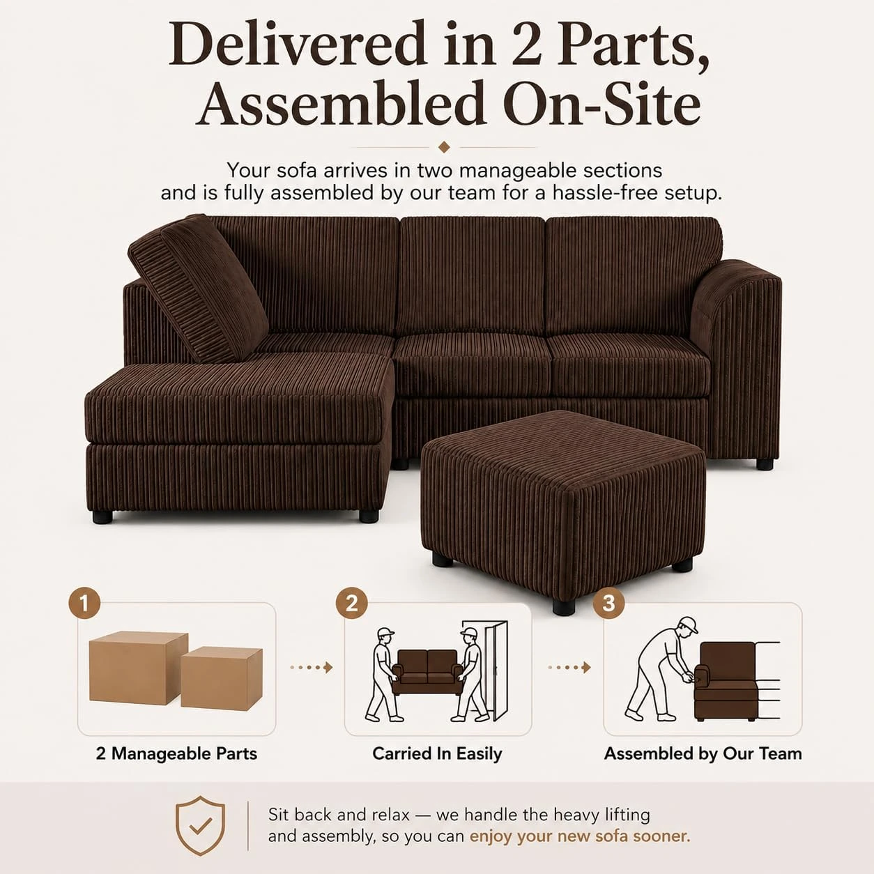 Brown Left Corner Cord Sofa with Memory Foam Seats & Removable Covers | 212 x 164cm