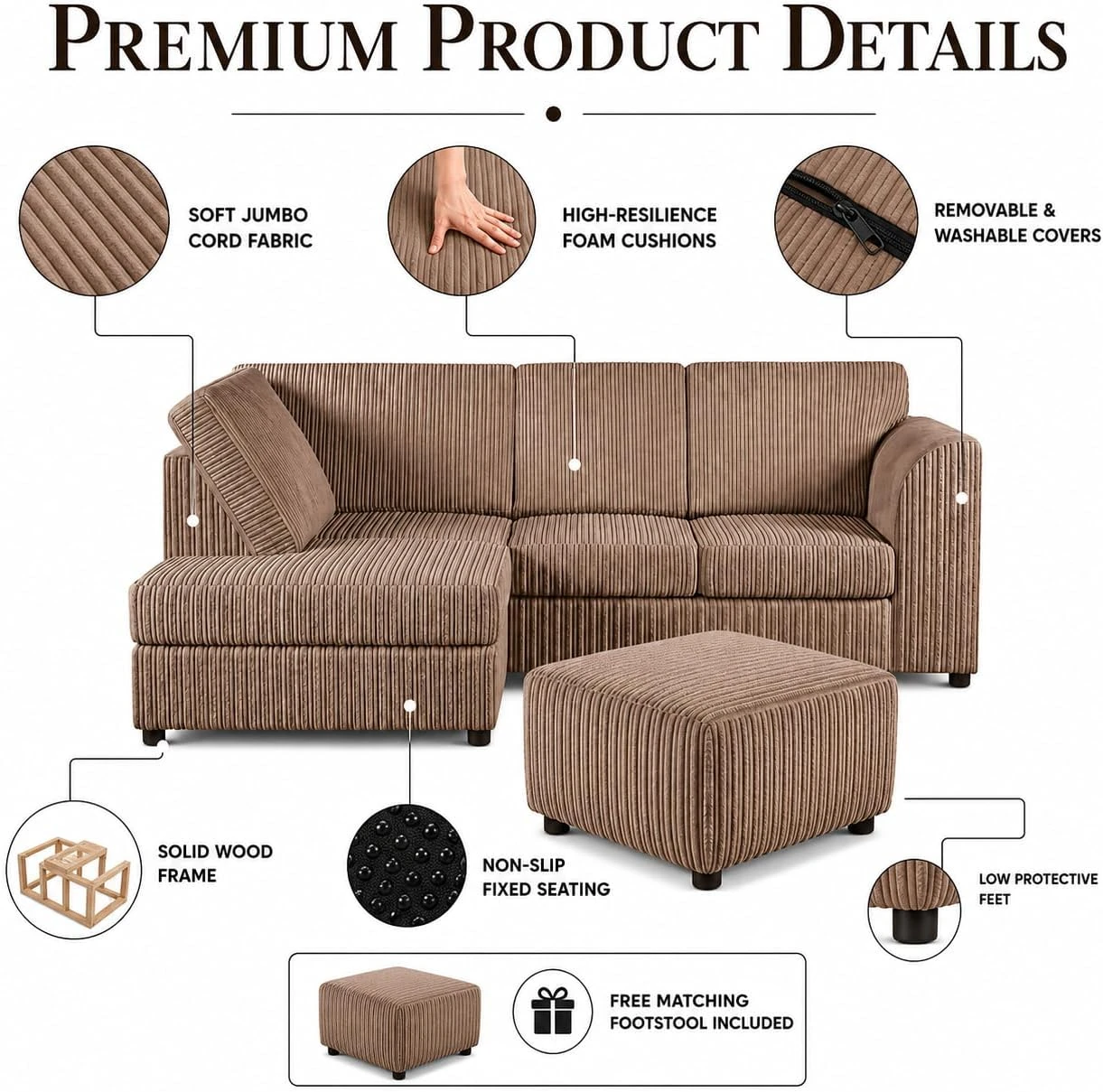 Mink Left Corner Cord Sofa with Memory Foam Seats & Removable Covers | 212 x 164cm