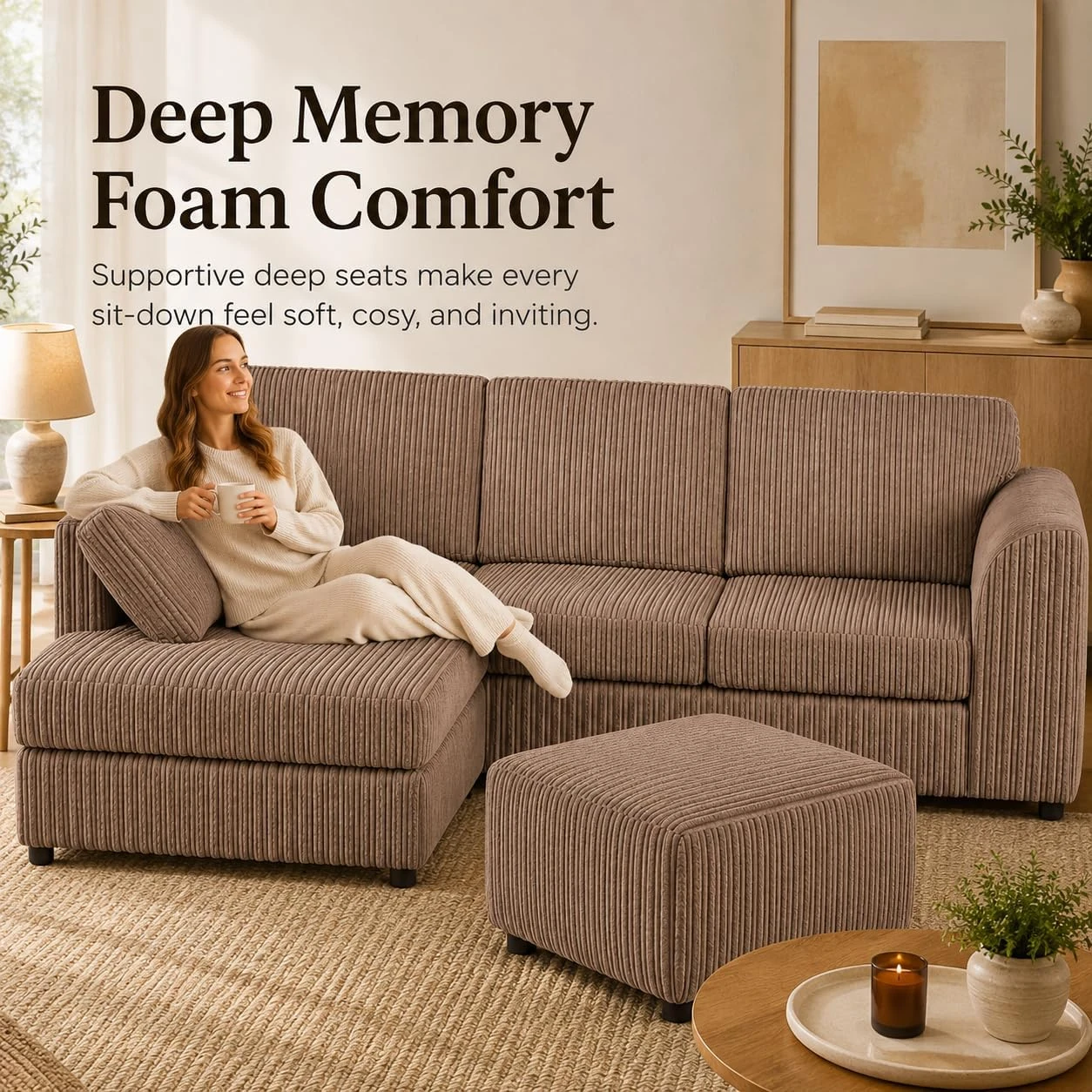 Mink Left Corner Cord Sofa with Memory Foam Seats & Removable Covers | 212 x 164cm