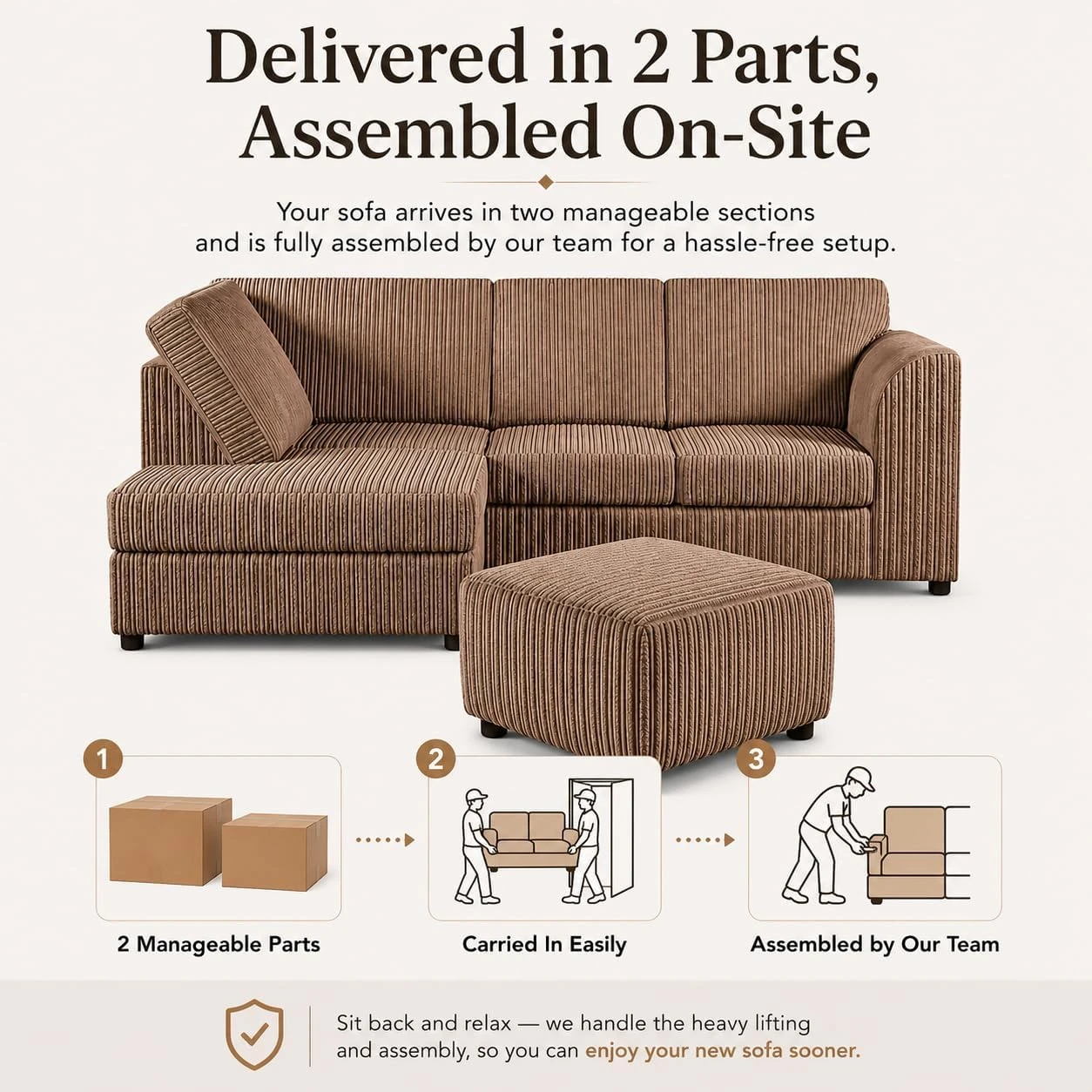 Mink Left Corner Cord Sofa with Memory Foam Seats & Removable Covers | 212 x 164cm