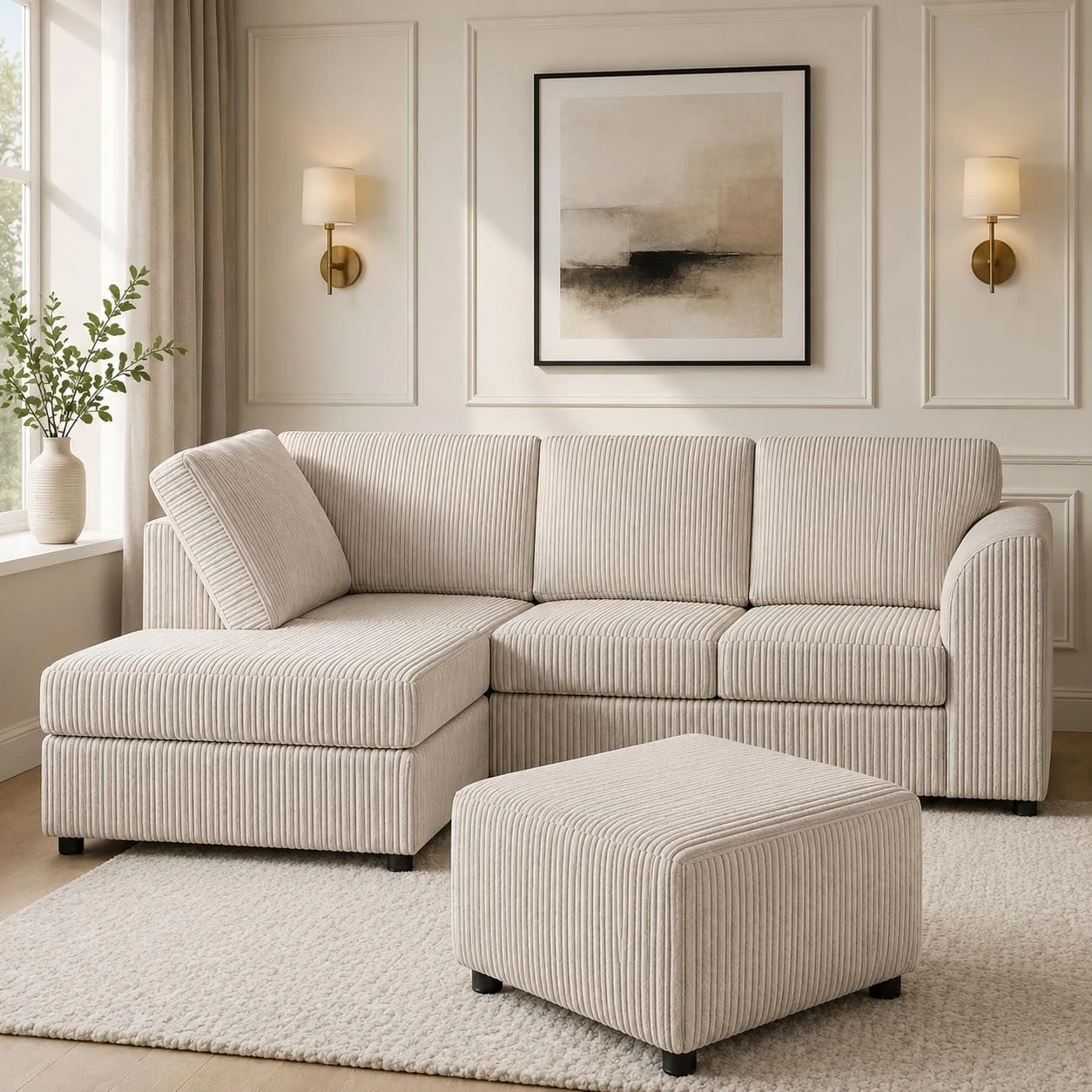 Cream Left Corner Cord Sofa with Memory Foam Seats & Removable Covers | 212 x 164cm
