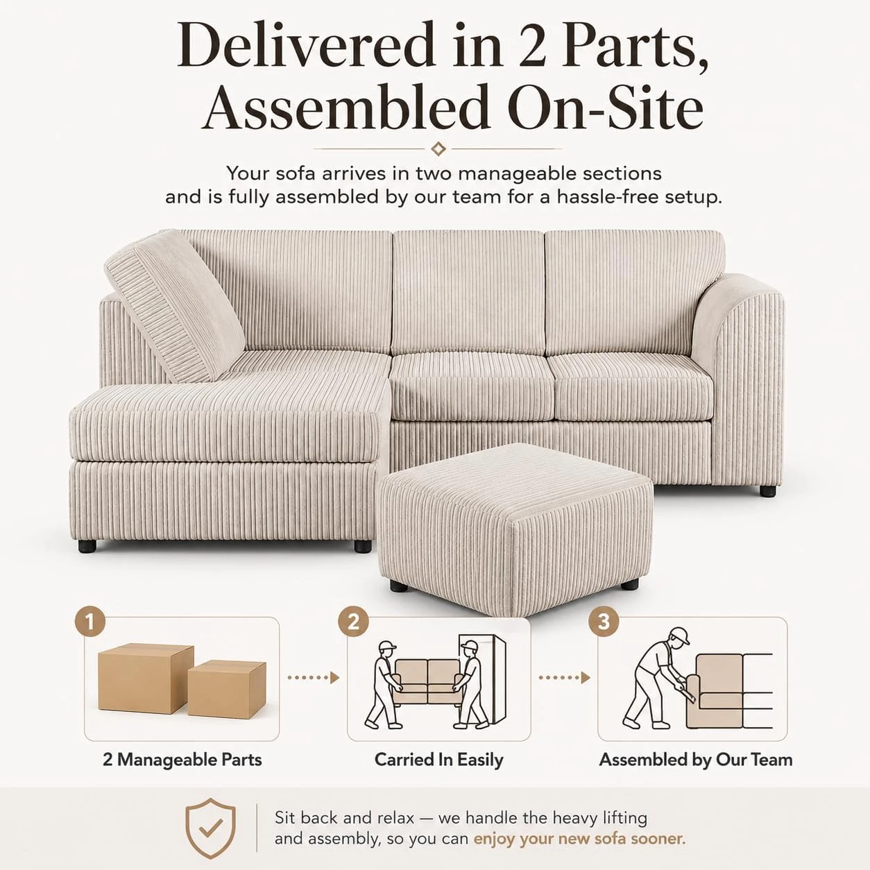 Cream Left Corner Cord Sofa with Memory Foam Seats & Removable Covers | 212 x 164cm