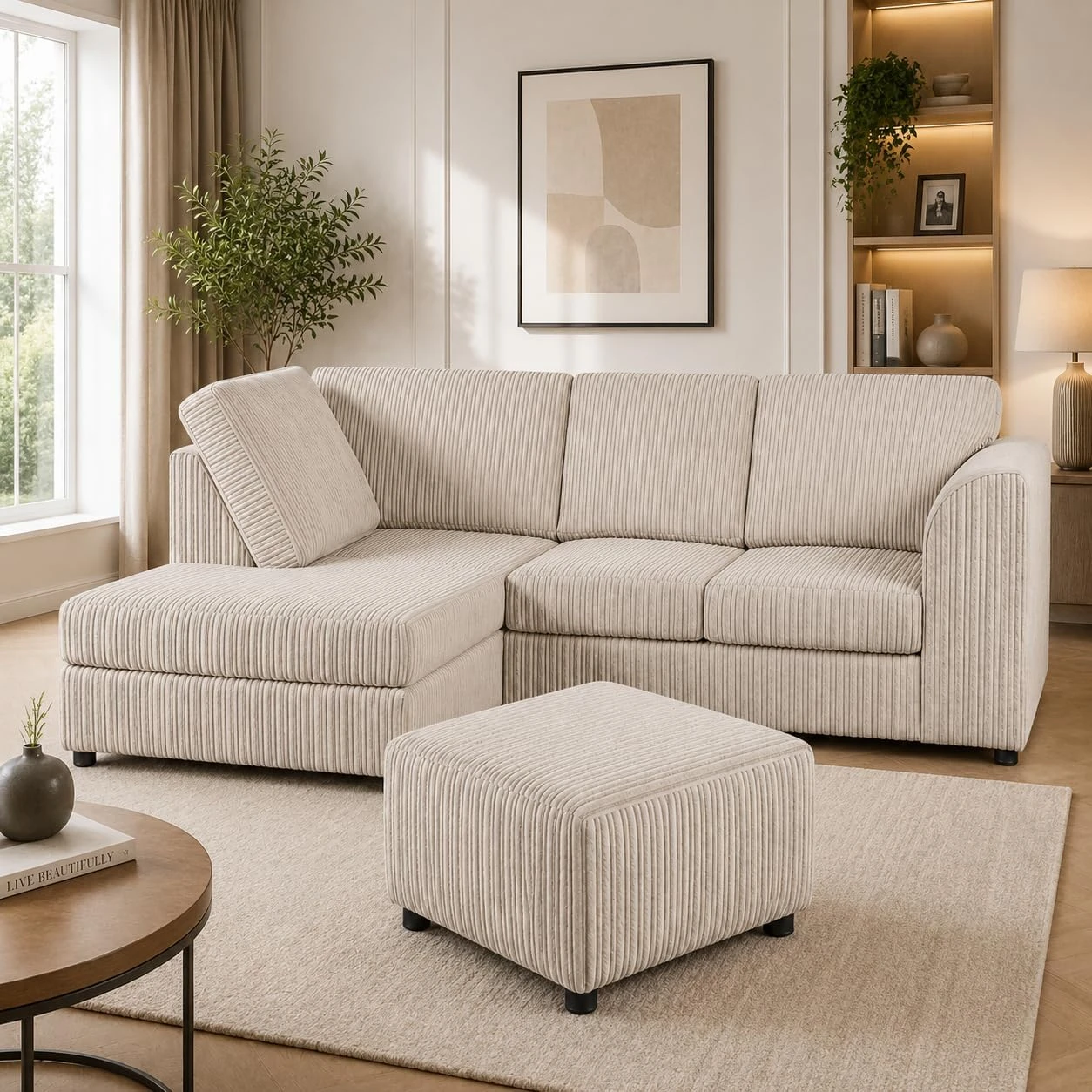 Cream Left Corner Cord Sofa with Memory Foam Seats & Removable Covers | 212 x 164cm