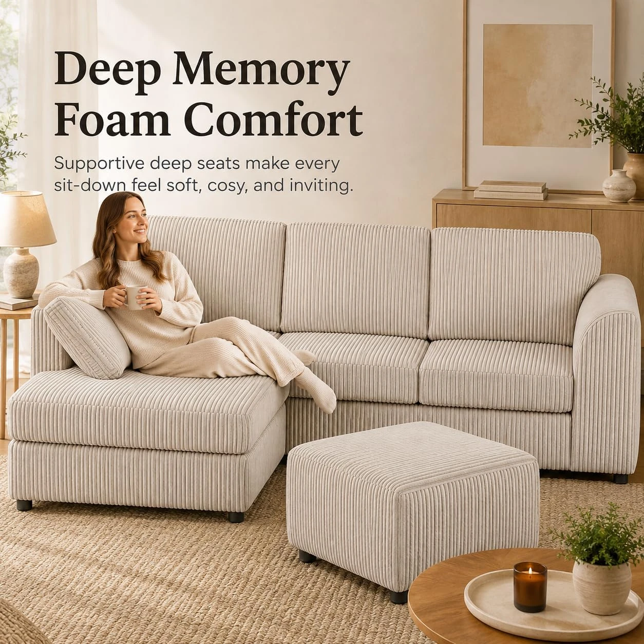 Cream Left Corner Cord Sofa with Memory Foam Seats & Removable Covers | 212 x 164cm