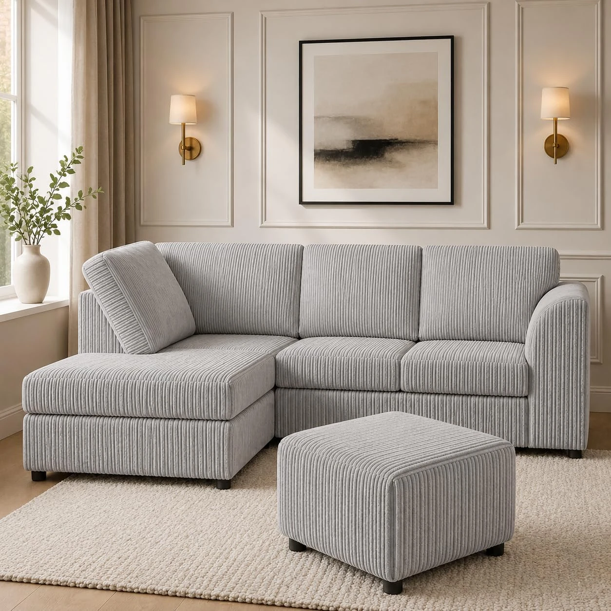 Silver Left Corner Cord Sofa with Memory Foam Seats & Removable Covers | 212 x 164cm