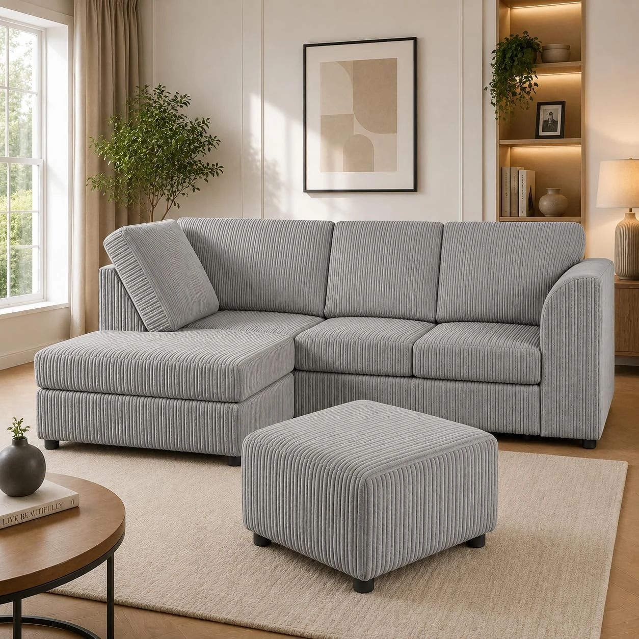 Silver Left Corner Cord Sofa with Memory Foam Seats & Removable Covers | 212 x 164cm