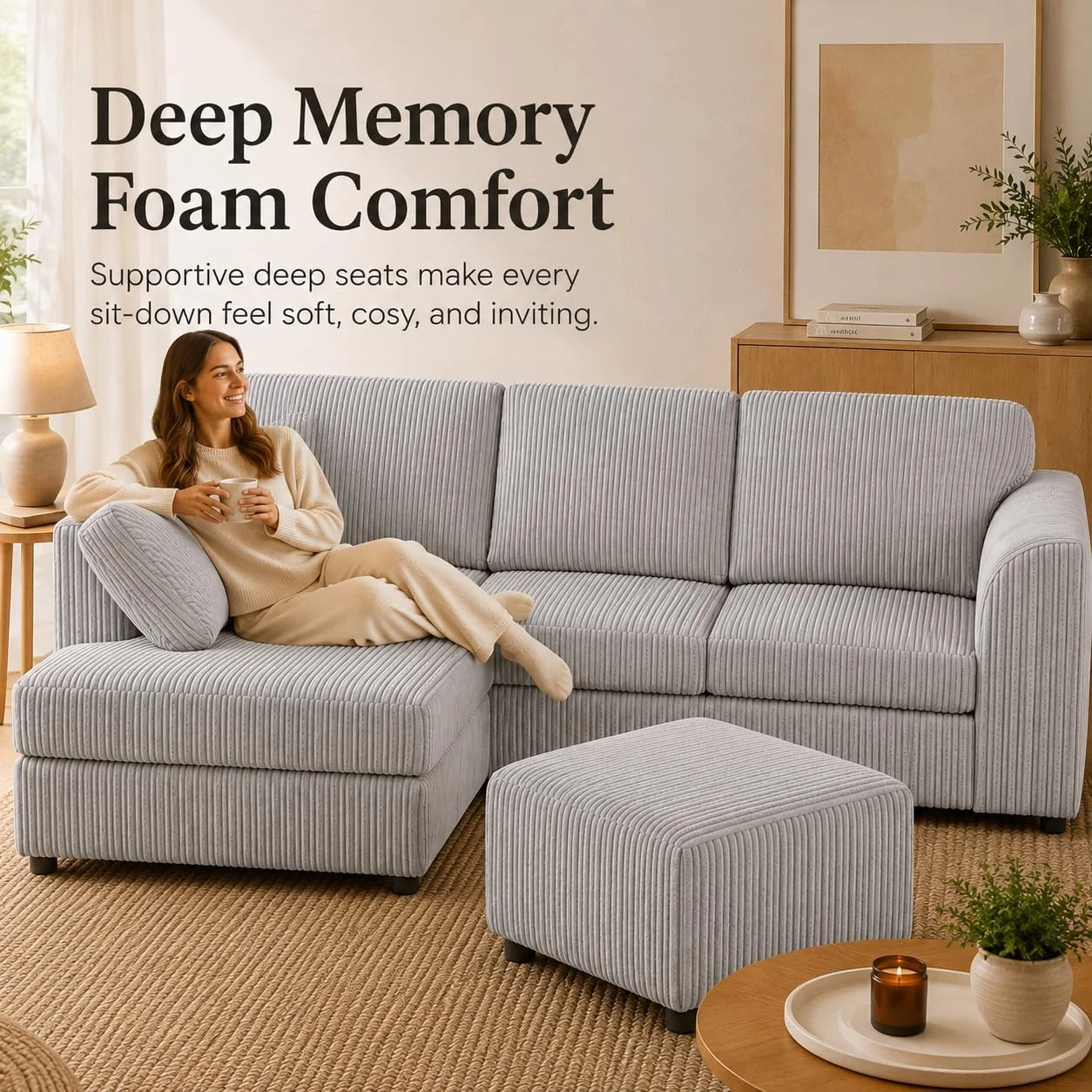 Silver Left Corner Cord Sofa with Memory Foam Seats & Removable Covers | 212 x 164cm