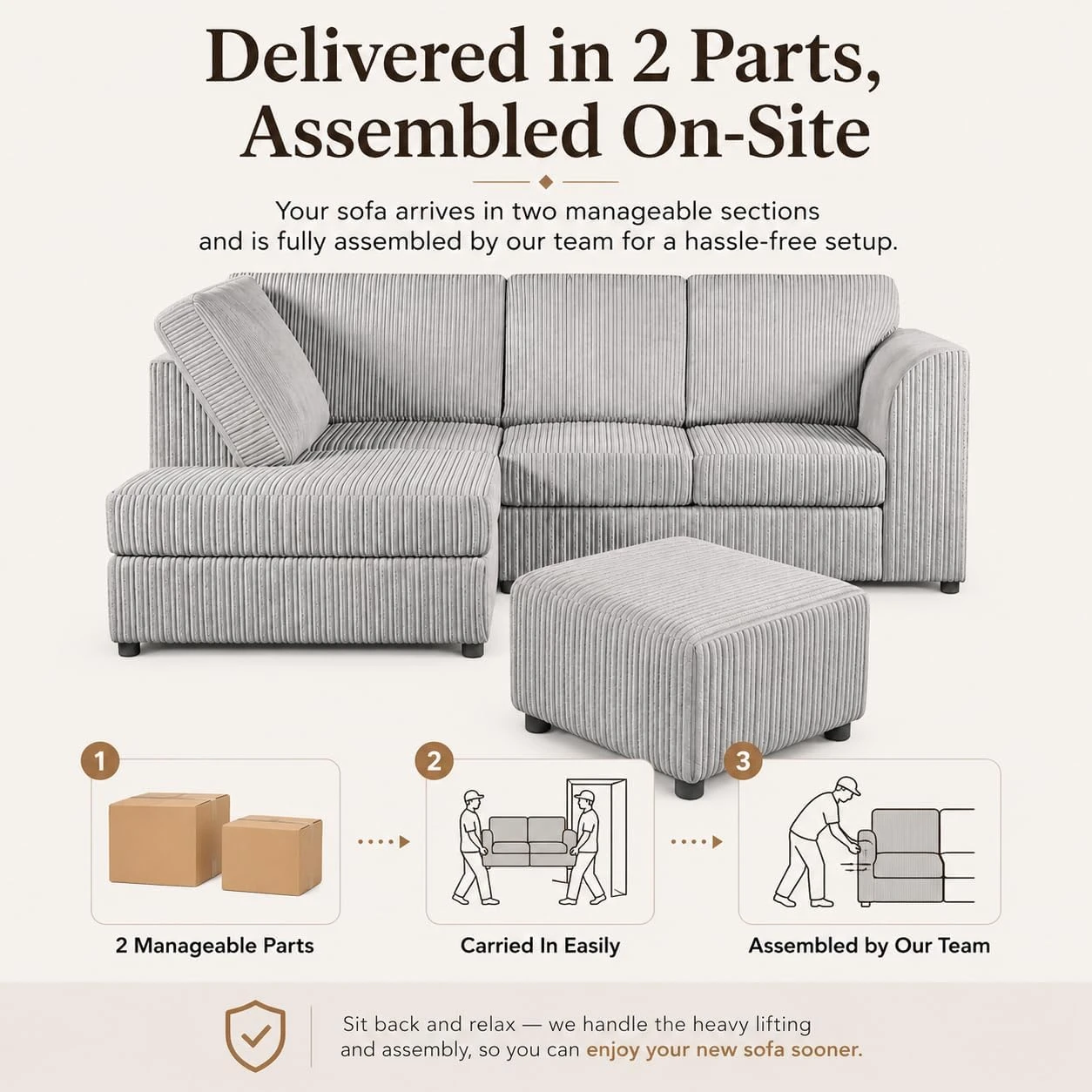 Silver Left Corner Cord Sofa with Memory Foam Seats & Removable Covers | 212 x 164cm