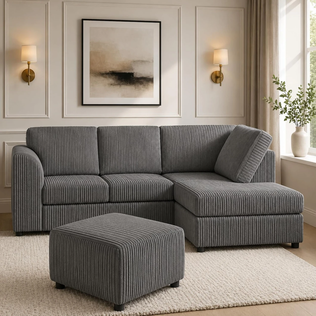 Grey Right Hand Corner Sofa – Jumbo Cord L Shaped Sofa with Luxury Fixed Back Cushions