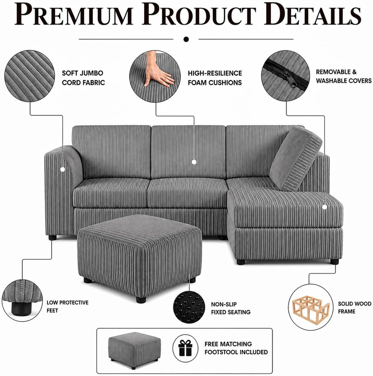 Grey Right Hand Corner Sofa – Jumbo Cord L Shaped Sofa with Luxury Fixed Back Cushions