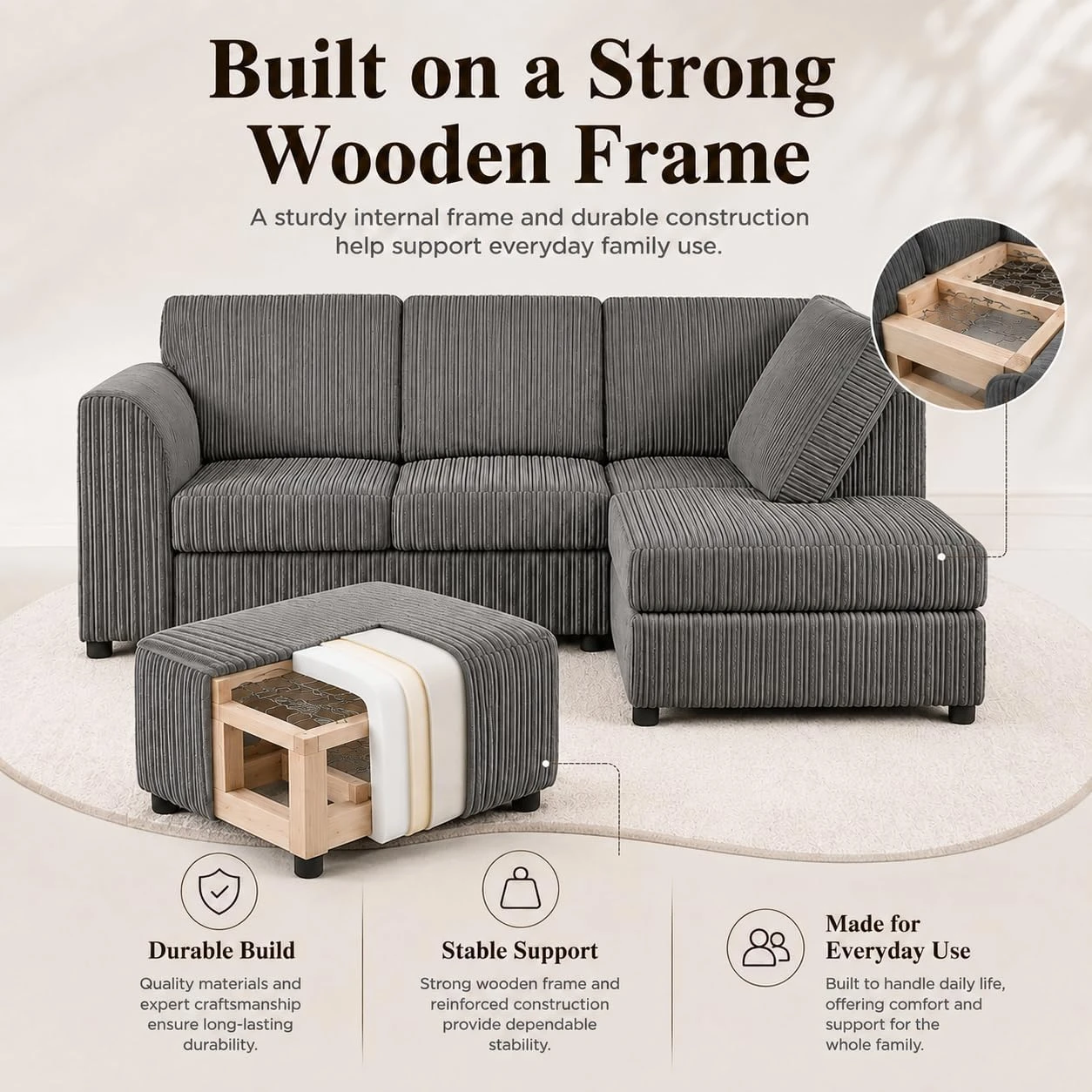 Grey Right Hand Corner Sofa – Jumbo Cord L Shaped Sofa with Luxury Fixed Back Cushions