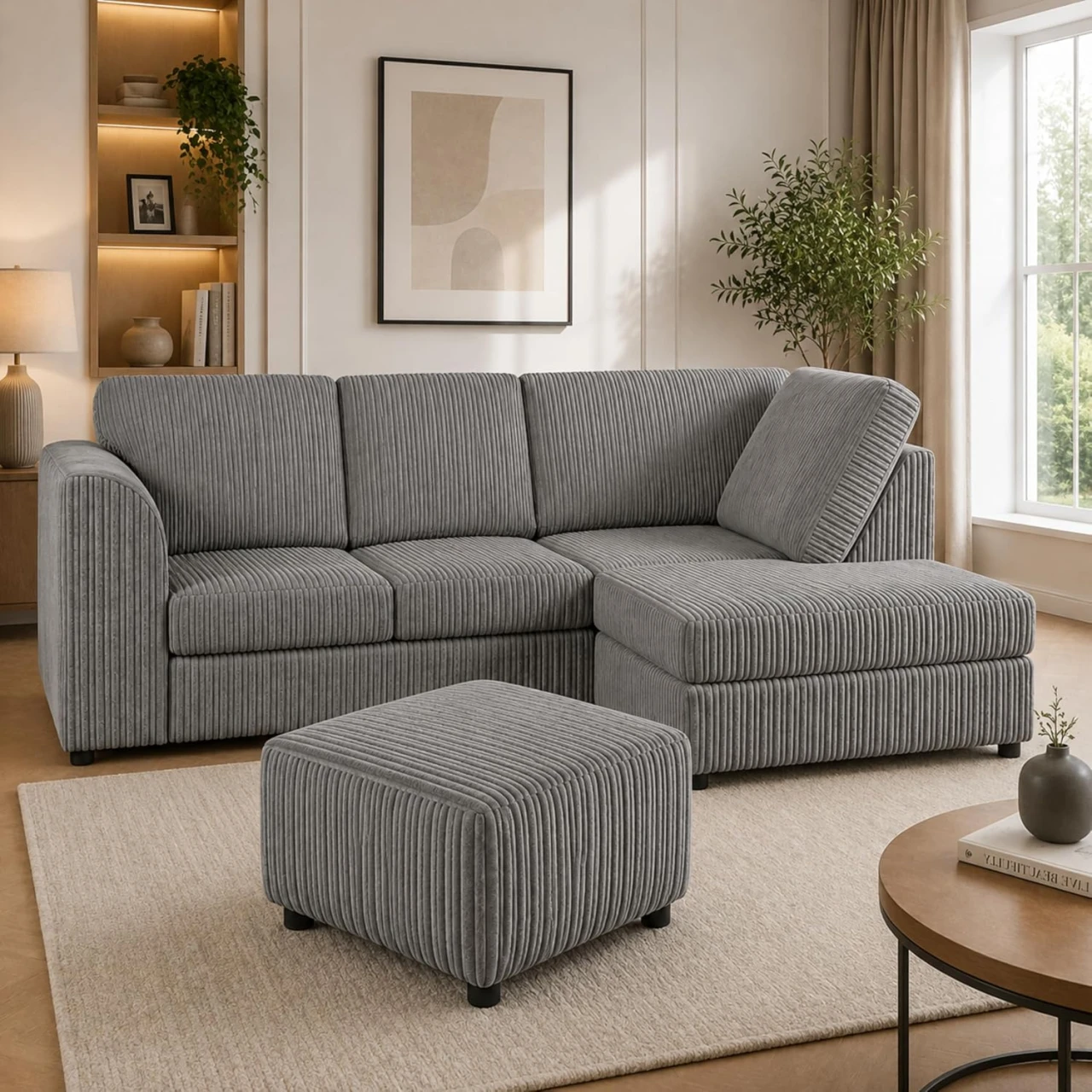 Grey Right Hand Corner Sofa – Jumbo Cord L Shaped Sofa with Luxury Fixed Back Cushions