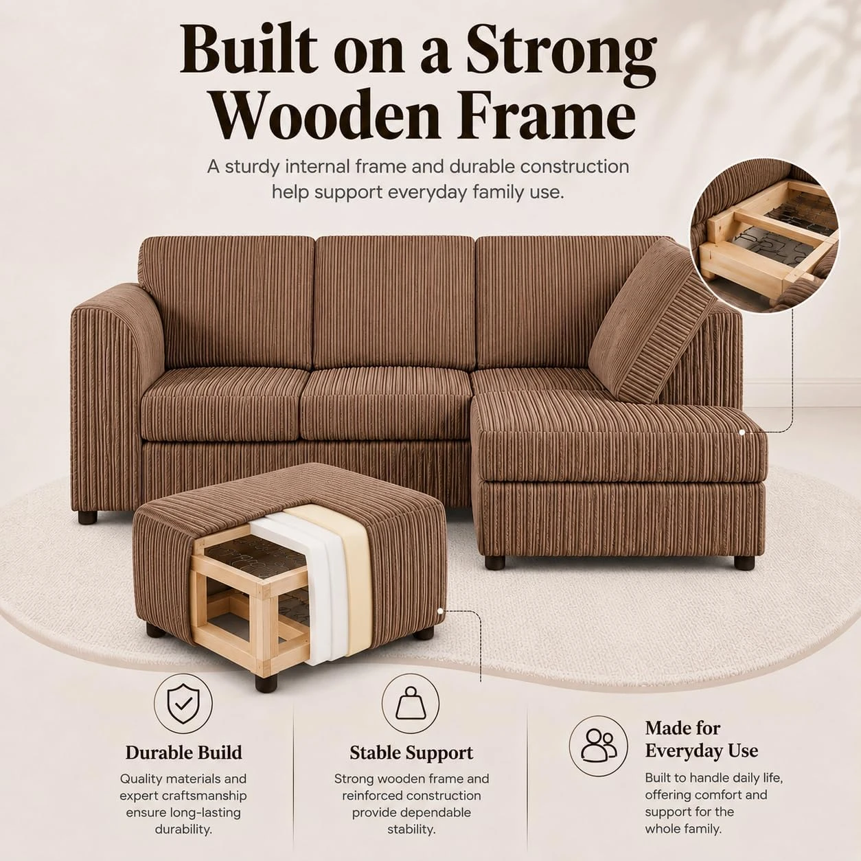 Mink Right Hand Corner Sofa – Jumbo Cord L Shaped Sofa with Luxury Fixed Back Cushions