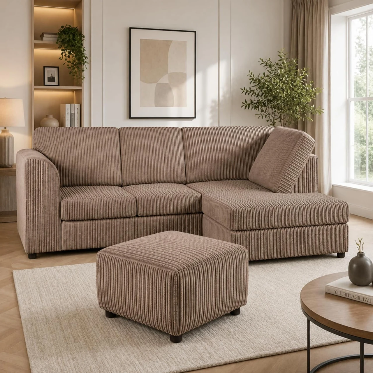 Mink Right Hand Corner Sofa – Jumbo Cord L Shaped Sofa with Luxury Fixed Back Cushions