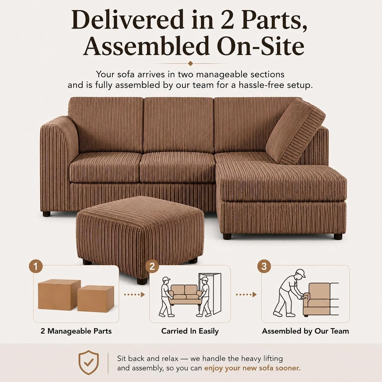 Mink Right Hand Corner Sofa – Jumbo Cord L Shaped Sofa with Luxury Fixed Back Cushions