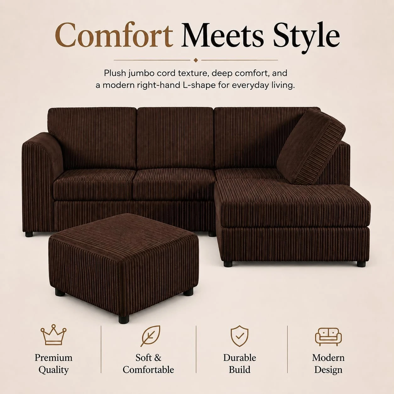 Brown Right Hand Corner Sofa – Jumbo Cord L Shaped Sofa with Luxury Fixed Back Cushions